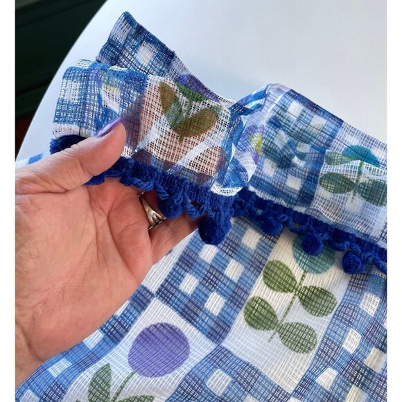 Vintage 70s curtain with pompoms, blue purple green floral, pair or single panel - Picture 4 of 10